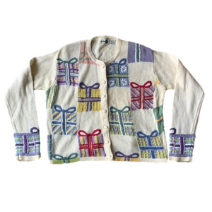 Vintage 90s Ramie Cotton Pastel Gift Box Party Sweater Cardigan Women Large